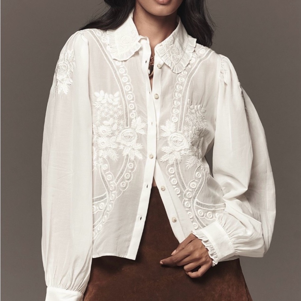 White Embroidered Puff-Sleeve Blouse